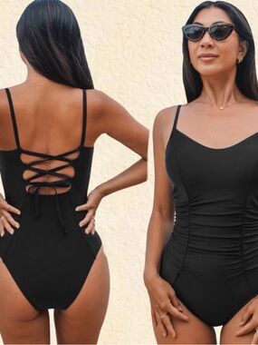 Cupshe Women's Alluring One-Piece Swimsuit with Lace-Up Back Detail-L-Black Sz L
